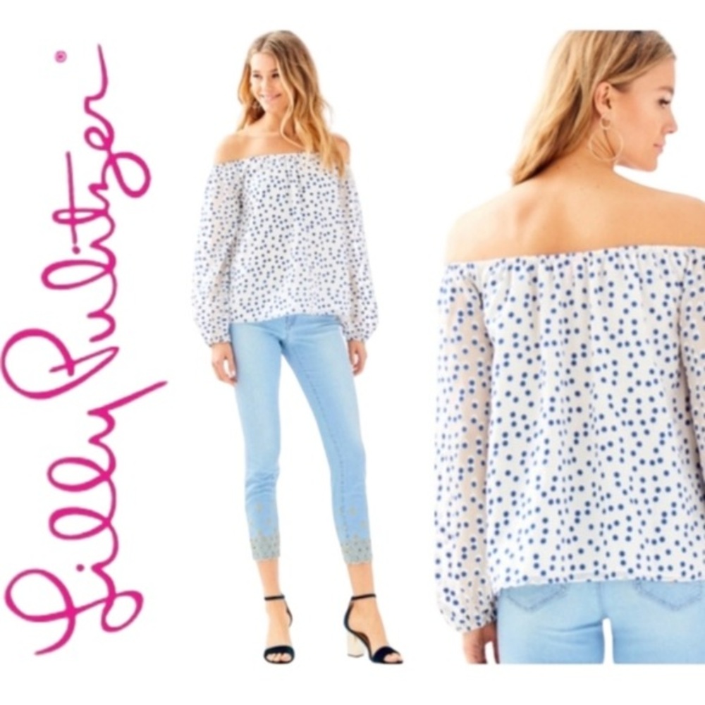 Lilly Pulitzer White and Blue Off-Shoulder Lou Lou  Blouse